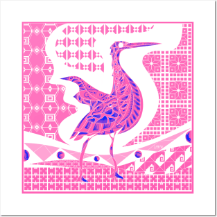 pink kitsch agami heron bird in ecopop talavera pattern wallpaper of wonder Posters and Art